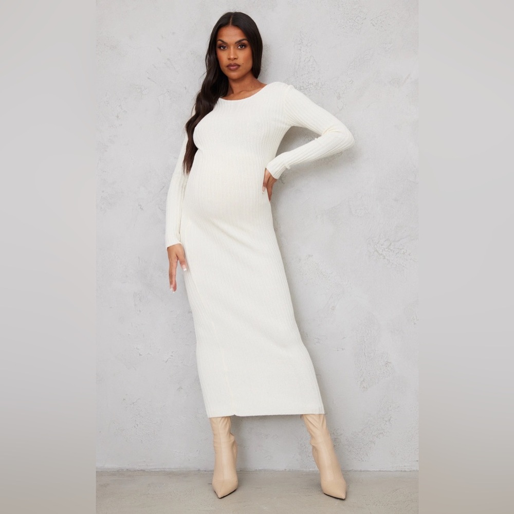 PrettyLittleThing Maternity Cream Knitted Midaxi Tie Back Bodycon Dress